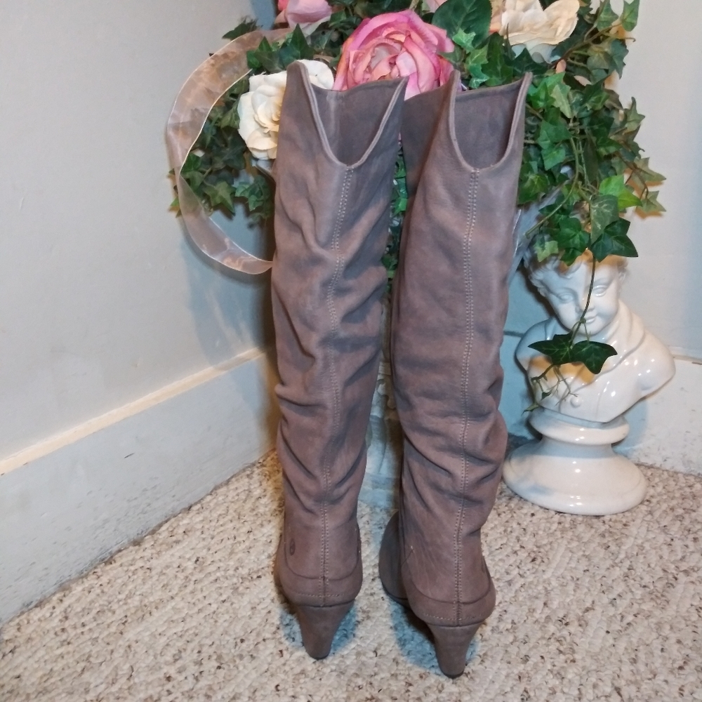 Bronx Knee High Brown Wedge Scrunchy Leather Pull-On Boots - Picture 3 of 8